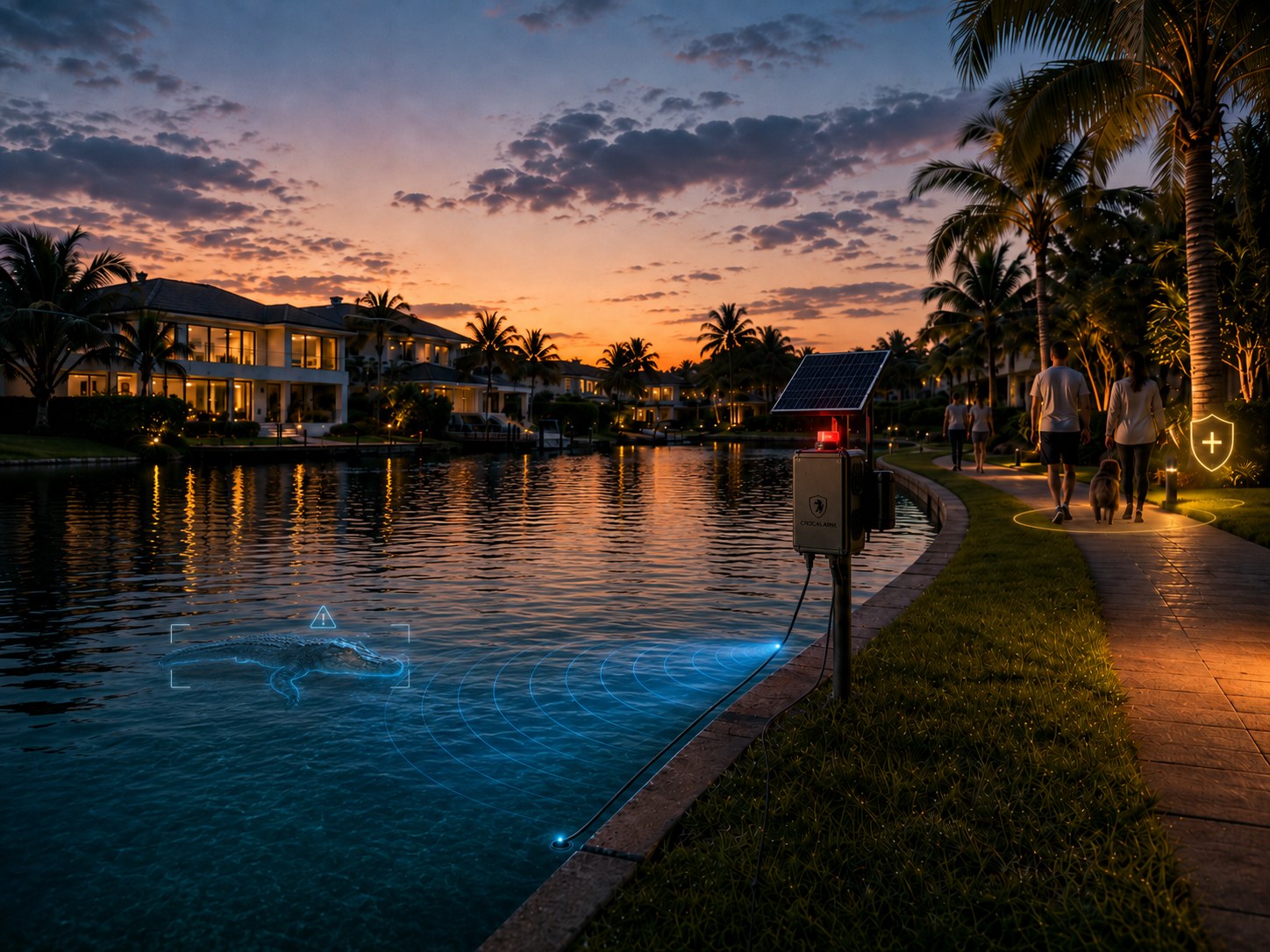 A CrocAlarm sensor watches a residential Florida waterway at dusk, with sonar detecting an alligator beneath the surface near a family walking their dog along the shoreline